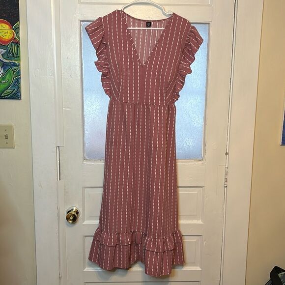 Women’s Dusty Pink and White Ruffle Sleeve Midi Dress with Back Tie Size 2XL - Picture 1 of 5